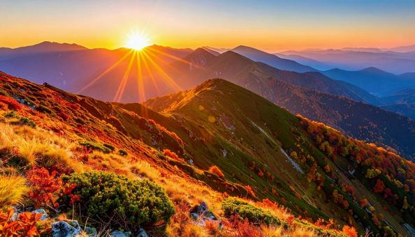 秋の山岳に沈む夕日 秋の山岳に沈む夕日の写真