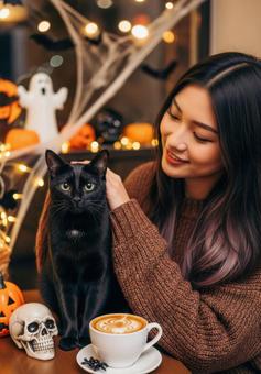 ハロウィンの猫カフェで黒猫を撫でる女性 ハロウィンの猫カフェで黒猫を撫でる女性の写真