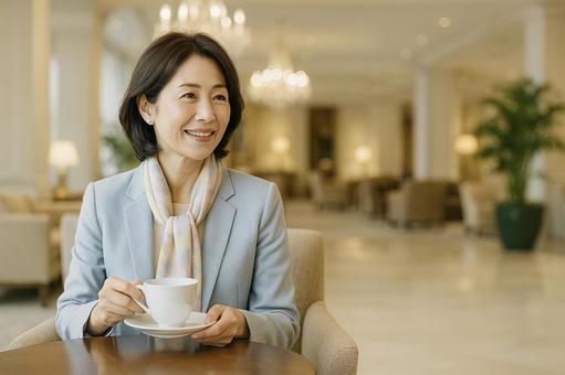 ホテルラウンジでお茶を楽しむ中年女性 ホテルラウンジでお茶を楽しむ中年女性の写真