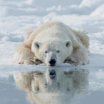 氷と水に囲まれたホッキョクグマの寝顔 氷と水に囲まれたホッキョクグマの寝顔の写真