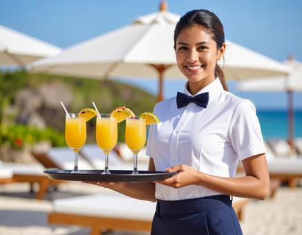 お飲み物をお持しました・リゾートスタッフの写真