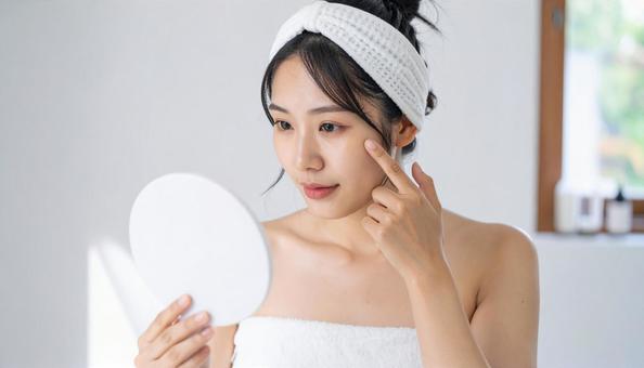 手鏡で顔を見てお肌の悩みに悩む若い女性 手鏡で顔を見てお肌の悩みに悩む若い女性の写真