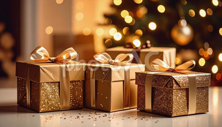 クリスマスツリーとたくさんのプレゼント クリスマスプレゼント,プレゼント,ゴールドの写真素材