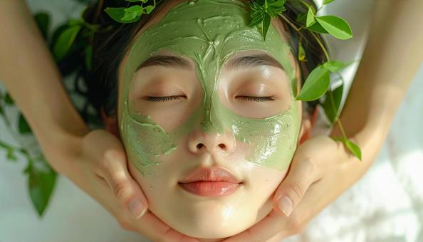 顔にハーブピーリング施術を受ける女性の写真