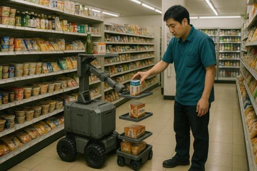 店舗で商品を補充するロボット 店舗で商品を補充するロボットの写真