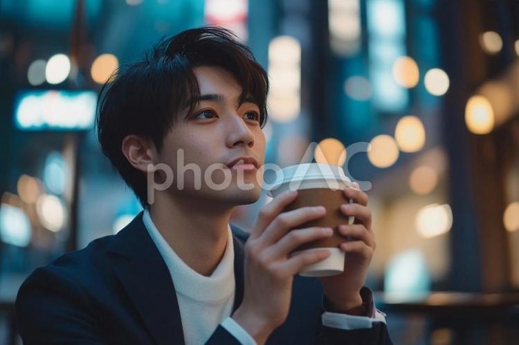 カフェでくつろぐイケメン 男性,ビジネスマン,サラリーマンの写真素材