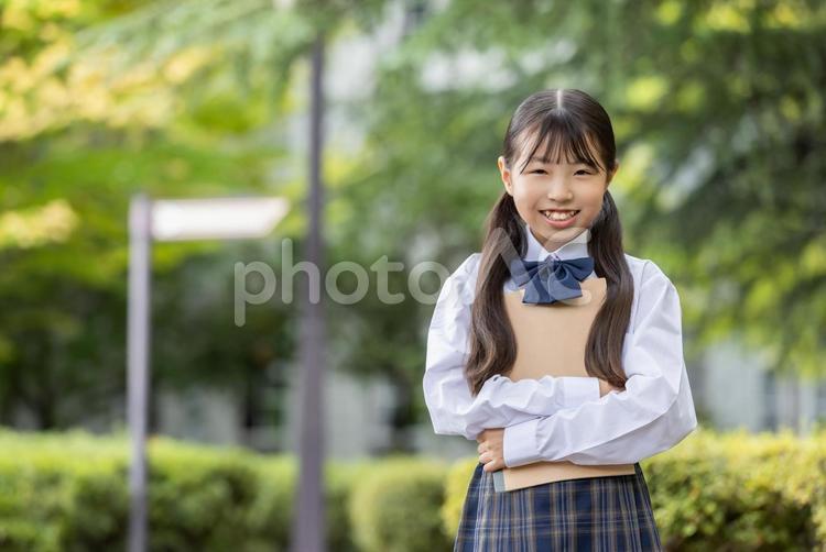制服を着た小学生　 学生,歩く,笑顔の写真素材