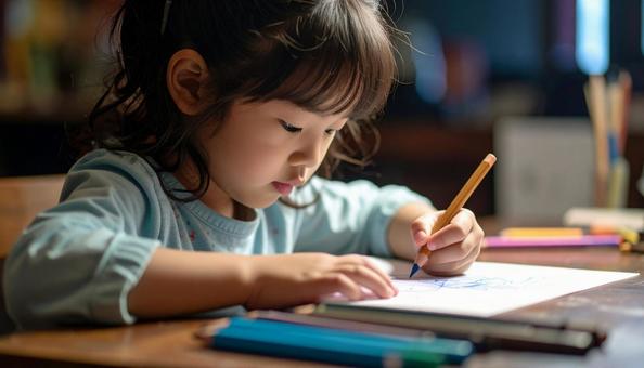 お絵描きをする日本人の子ども お絵描きをする日本人の子どもの写真