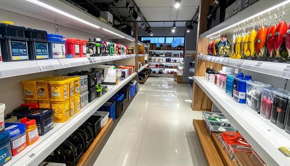 リールが並ぶ釣具屋の店内の写真