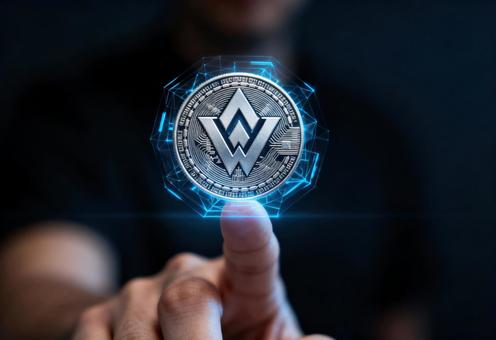 指に触れ浮かび上がる光る仮想通貨コイン 指に触れ浮かび上がる光る仮想通貨コインの写真