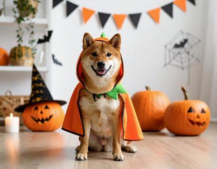 ハロウィンのコスチュームで仮装した犬 ハロウィンのコスチュームで仮装した犬の写真