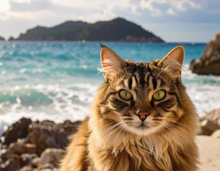 海を背景にした猫の写真