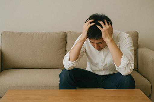 頭を抱えて考え込む、困った男性2 頭を抱えて考え込む、困った男性2の写真