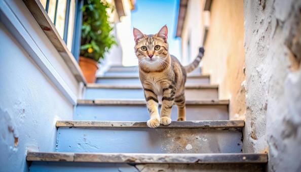 階段を下りる猫 階段を下りる猫の写真