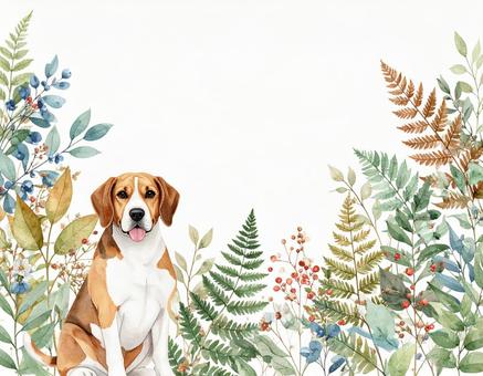 犬と花のフレーム 犬と花のフレームの写真