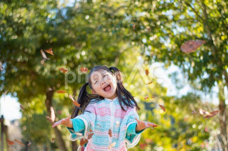 落ち葉をキャッチしようとする子供 子供,笑顔,落ち葉の写真素材