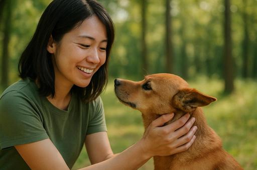 森の中で犬と触れ合う女性 森の中で犬と触れ合う女性の写真