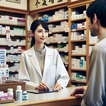 薬局の女性薬剤師 薬局の女性薬剤師の写真