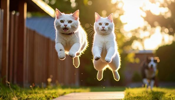 外で遊び飛び回る猫たち 外で遊び飛び回る猫たちの写真
