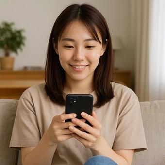 スマホをみている若い女性 スマホをみている若い女性の写真