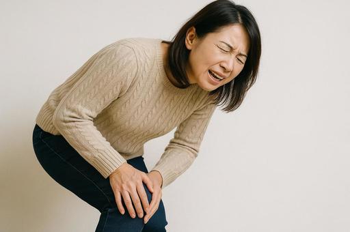膝の痛みに顔をしかめる中年女性 膝の痛みに顔をしかめる中年女性の写真
