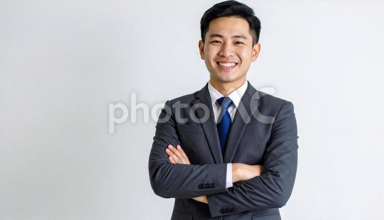 腕組みするスーツ姿の日本人ビジネスマン 腕組み,経営者,男性の写真素材