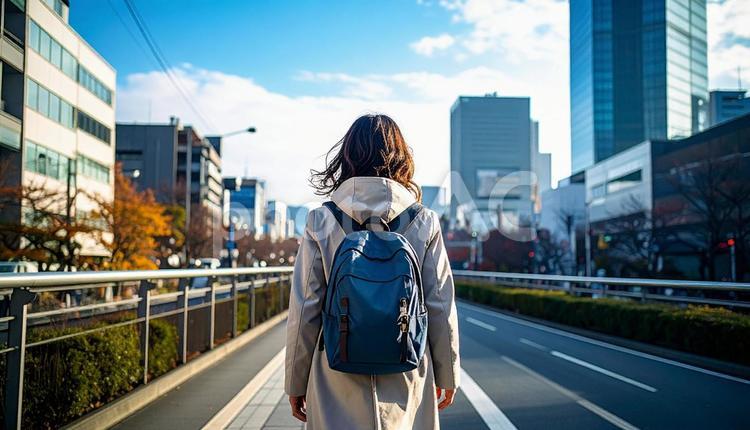 街中を歩いていくリュック姿の女性の後ろ姿 女性,バックパッカー,バックパックの写真素材