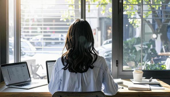 カフェで仕事をするフリーランス女性 カフェで仕事をするフリーランス女性の写真