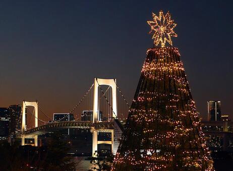 お台場のツリーとレインボーブリッジ お台場,夜景,クリスマスツリーの写真素材