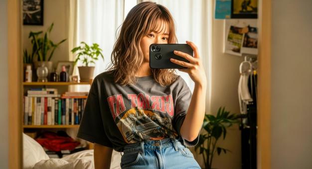 スマホで自撮りをする女性のポートレート スマホで自撮りをする女性のポートレートの写真