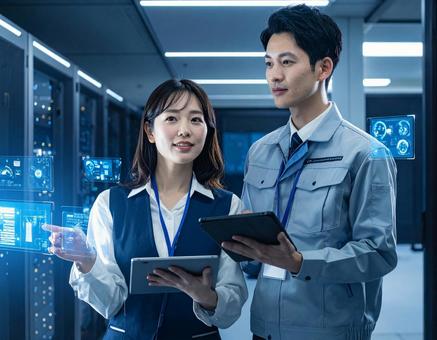 近未来AIデータセンター作業するスタッフ 近未来AIデータセンター作業するスタッフの写真