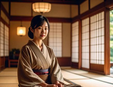 和服を着て和室に座る女性 和服を着て和室に座る女性の写真