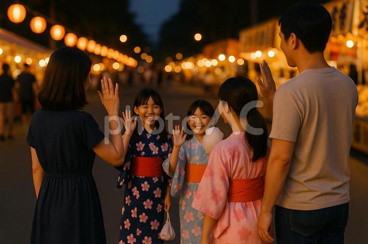祭りに一緒にきた友達と別れ家族と合流 祭り,夜,小学生の写真素材