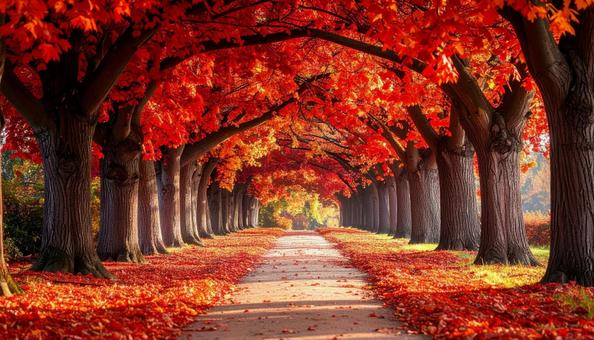 深紅の紅葉に覆われた幻想的な並木道 深紅の紅葉に覆われた幻想的な並木道の写真