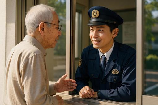 交番で相談する高齢者と警察官 交番で相談する高齢者と警察官の写真
