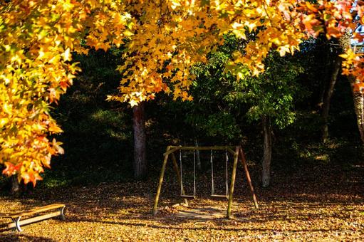 黄金色のモミジ、秋の公園に佇むブランコ 秋,紅葉,黄葉の写真素材