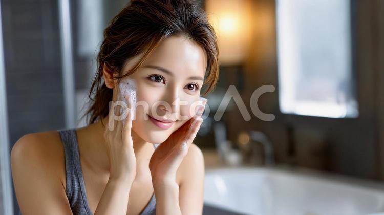 泡洗顔をする美しい若い女性 洗顔,美容,スキンケアの写真素材