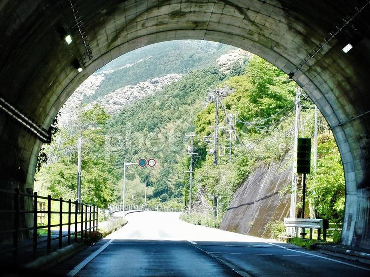 トンネルを出ると新緑の山 トンネル,出口,新緑の写真素材