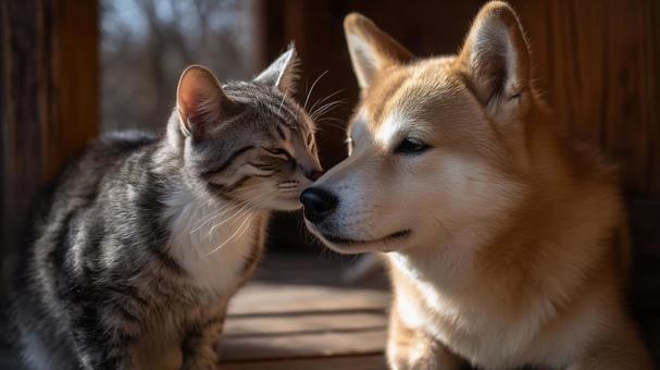 仲良しな柴犬と虎猫 仲良しな柴犬と虎猫の写真