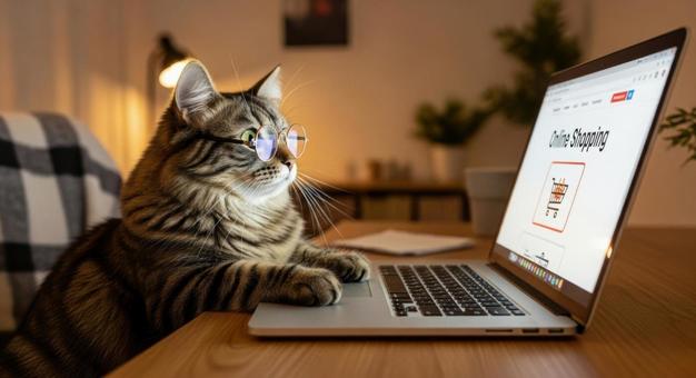 猫がパソコンでオンラインショッピング 猫がパソコンでオンラインショッピングの写真