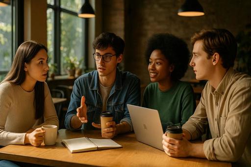 カフェで話し合う仲間たちの写真