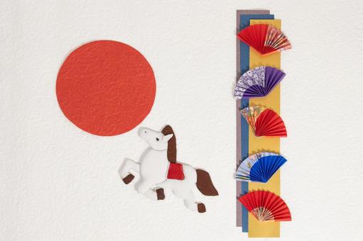カラフルな色紙の扇と白馬の午年年賀状背景 午年,年賀状,白馬の写真素材