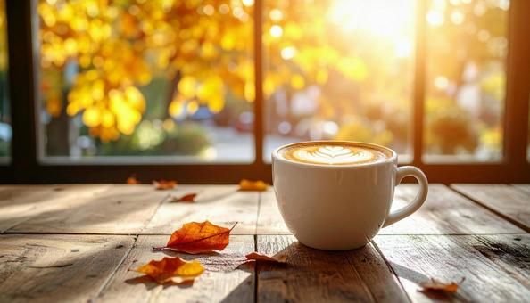コーヒーカップのアップ・秋の紅葉・落ち葉 コーヒーカップのアップ・秋の紅葉・落ち葉の写真