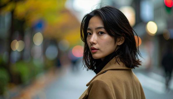 振り返る日本人美人モデルのポートレート 振り返る日本人美人モデルのポートレートの写真