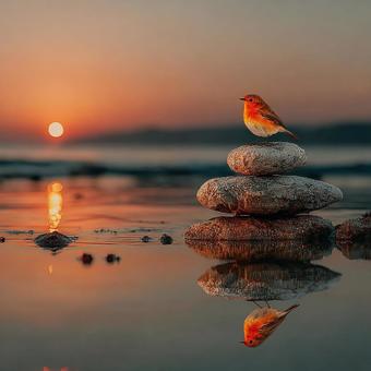 夕焼けに佇む積み石の上の小鳥 夕焼けに佇む積み石の上の小鳥の写真