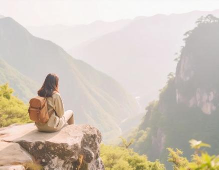崖の女性と絶景 崖の女性と絶景の写真