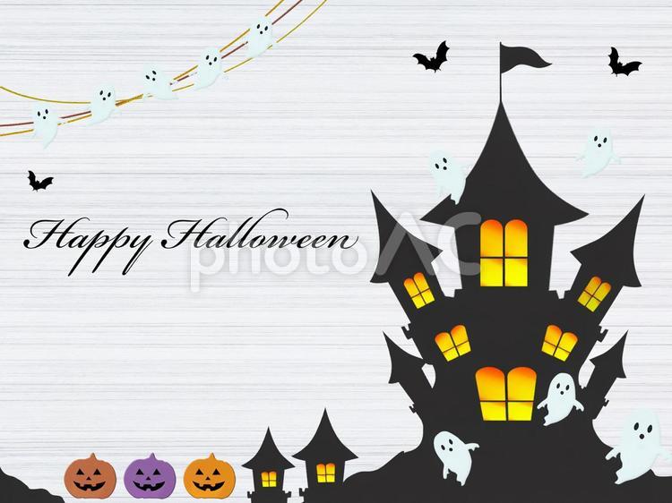 ハロウィンの白木の木目メッセージカード ハロウィン,かぼちゃ,秋の写真素材