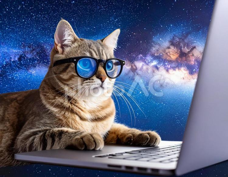宇宙で仕事をする猫 宇宙,猫,pcの写真素材