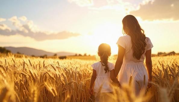 草原を歩く親子の後ろ姿の写真