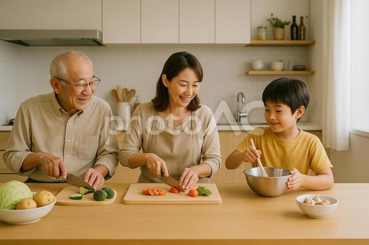 三世代料理づくり風景 家族,三世代,祖父の写真素材